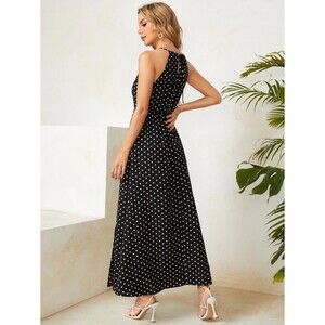 Tacera Halter Polka Dot Black White Maxi Dress Lightweight Lined Size M
